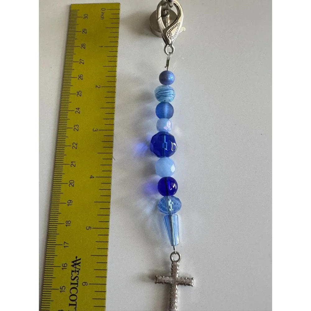 Blue Beaded Cross Keychain Bag Charm Silver Tone‎ Religious Spiritual Accessory
